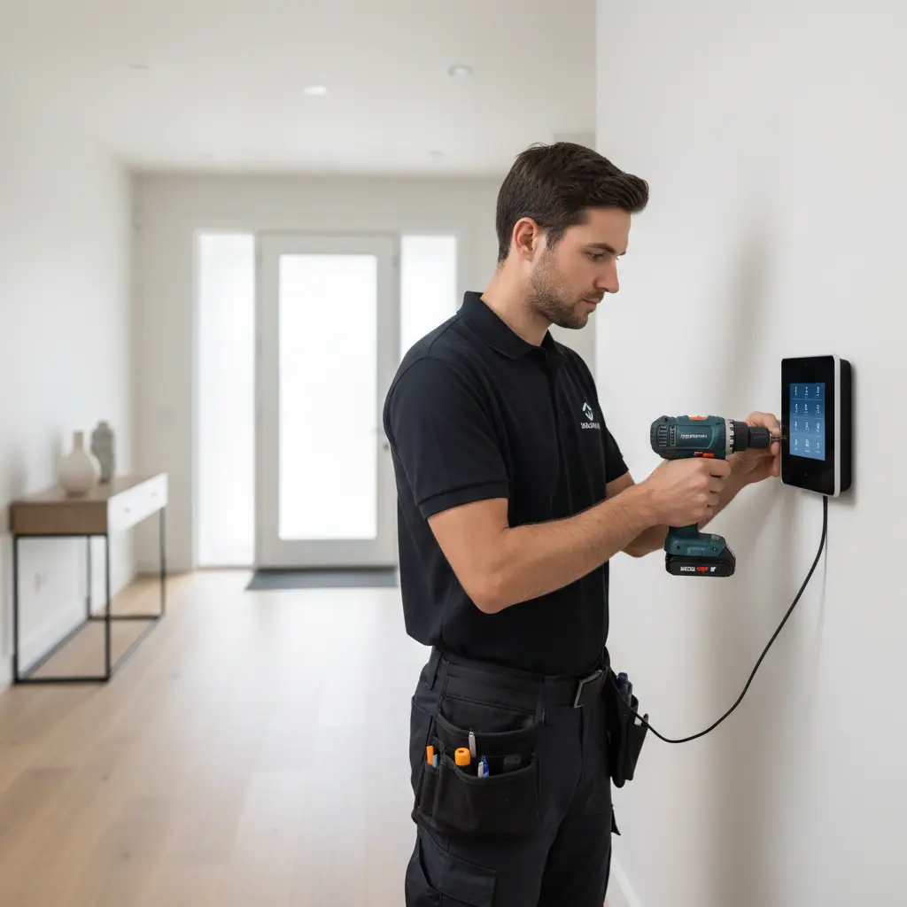 Techniker installiert ein modernes Alarmbedienfeld