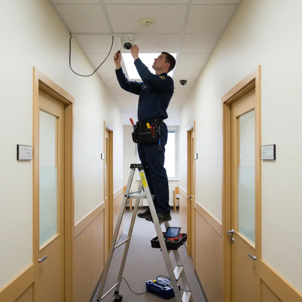 Techniker richtet CCTV Kamera aus